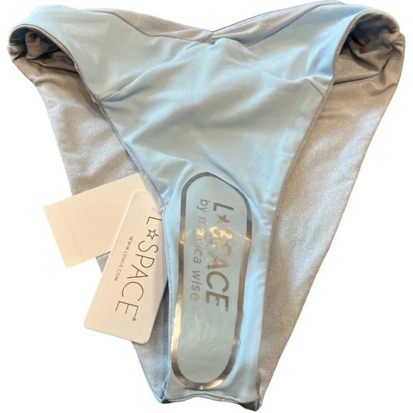 NWT l*space Shimmer Nancy Lee Bikini Bottom Bitsy Pale Blue High Waist Crossover - Picture 6 of 11